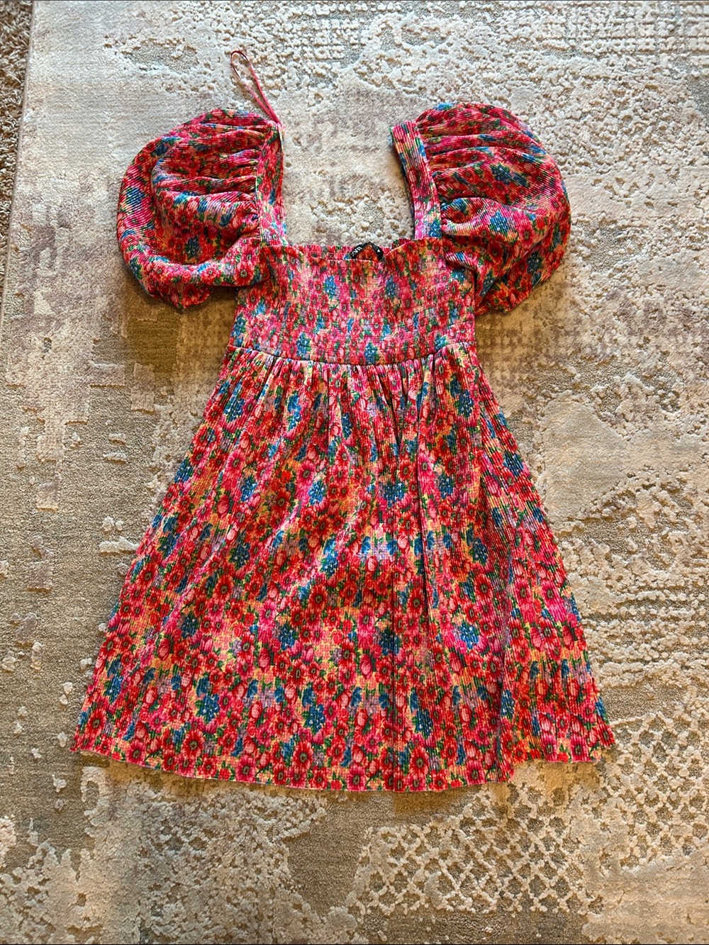 Zara Hot Pink Floral Square-Neck Puff Sleeve Mini Dress - Picture 6 of 6